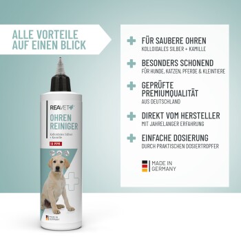 Reavet Ohrreiniger für Haustiere: sanft, hochwertige Qualität mit kolloidalem Silber und Kamille; einfache Dosierung für Hunde, Katzen und Kleintiere.