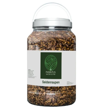 Ein klares Glasgefäß, gefüllt mit getrockneten Seidenraupen, beschriftet mit "Seidenraupen" von der Marke "INSEKTUS NATUR-FUTTER," mit einem grünen Logo.