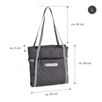 Schwarze Tragetasche für Haustiere mit grauen Riemen, beschriftet 'Doctor Bark', Maße ca. 40 cm x 40 cm x 5 cm.