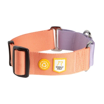 Halsband Color Block Martingale Salmon Pink Mix S Ein bunter Hundehalsband mit einem orange-lavendelfarbenen Design, mit schwarzen Schnallen und einem "Woolly Wolf"-Logo-Patch.