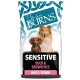 Dog food bag featuring "Burns Sensitive Duck & Brown Rice" for adult/senior dogs, with images of a collie and a small dog.