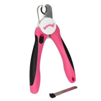 Pink-schwarze Bugalugs Krallenschere für Haustiere mit Metallnagelfeile auf weißem Hintergrund.
