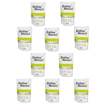 Premium Adult bogata w gęś z ziemniakami saszetka 10x500 g Dziesięć torebek karmy premium Dolina Noteci, każda oznaczona "500 g" i z obrazkami składników, takich jak mięso i warzywa.