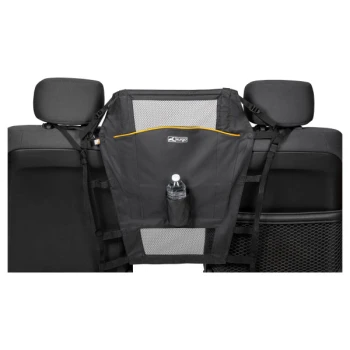 Schwarze Autositzabdeckung für Haustiere mit Netzfächern und einem Halter für eine Wasserflasche, entworfen, um Autositze vor Tierhaaren und Schmutz zu schützen.