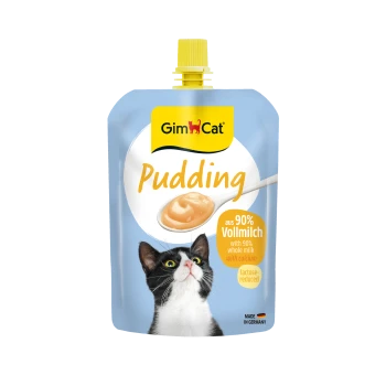 GimCat Pudding in blauer Tüte mit Katzenfoto und Löffel Pudding; Aufschrift '90% Vollmilch, laktose reduziert'.