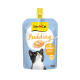 Sachet bleu GimCat Pudding avec photo de chat et cuillère de pudding ; l'étiquette indique « 90 % de lait entier, lactose réduit »