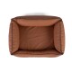 Braunes rechteckiges Lederhaustierbett mit gepolsterten Seiten und schwarzer Paspelierung, von oben betrachtet.