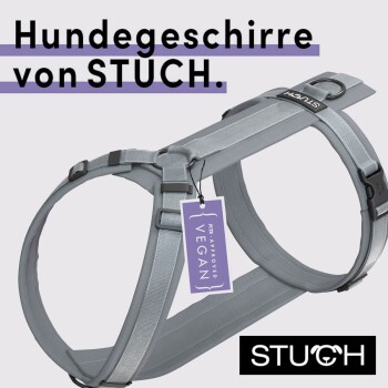 Graues Hundegeschirr von STUCH mit einem "Vegan Approved"-Schild, mit fettem Text darüber und dem STUCH-Logo darunter.