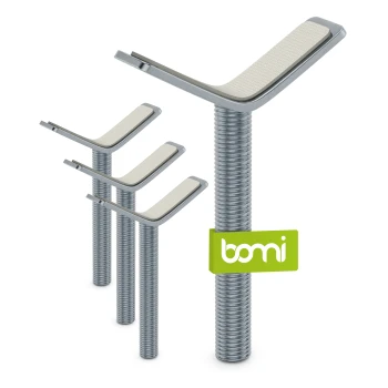 Drei Metall-Haustierpflegewerkzeuge mit strukturierten weißen Pads, unterschiedlich hoch, mit einem grünen "bomi"-Logo auf der rechten Seite.