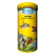 Gelber zylindrischer Behälter mit der Aufschrift "AQUARIS BOTTOM" und Bildern von Fischen und runden Tabletten, mit dem Text "PLUS ANTI".