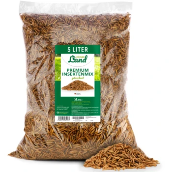 Durchsichtige 5‑Liter‑Tüte mit getrockneten Mehlwürmern (Premium-Insektenmix), beschriftet mit '5 LITER' und 'PREMIUM INSEKTENMIX', kleiner Haufen davor.