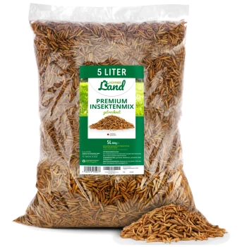 Durchsichtige 5‑Liter‑Tüte mit getrockneten Mehlwürmern (Premium-Insektenmix), beschriftet mit '5 LITER' und 'PREMIUM INSEKTENMIX', kleiner Haufen davor.