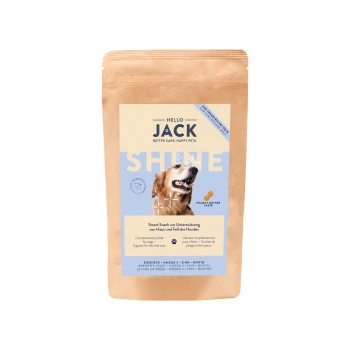 Hello Jack Shine hondenkoekjespakket met pindakaassmaak, ter ondersteuning van huid- en vachtgezondheid.