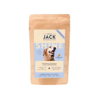 Paquet de friandises pour chien Hello Jack Shine goût beurre de cacahuète, soutenant la santé de la peau et du pelage.