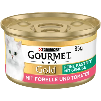 Purina Gourmet Gold Katzenfutterdose, 85 g, mit Forelle und Tomaten, feines Pastetchen mit Gemüse, weißes Katzenbild auf dem Etikett.