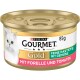 Boîte de nourriture pour chat Purina Gourmet Gold, 85g, avec truite et tomates, pâté fin avec légumes, image de chat blanc sur l'étiquette.