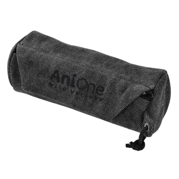 Un sac d'accessoires pour animaux noir avec le logo 'Antone' affiché en évidence, doté d'une fermeture éclair et d'un cordon de serrage.