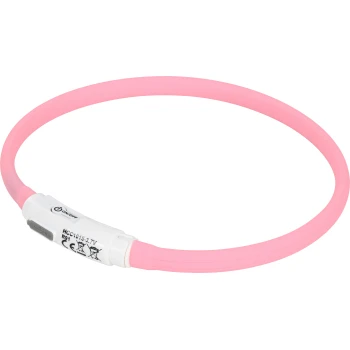 Ein rosa Haustierhalsband mit einer weißen Steuereinheit, die einen Ein/Aus-Schalter und Sicherheitssymbole aufweist, entworfen für Sichtbarkeit.