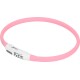 Een roze huisdierhalsband met een witte controle-eenheid met een aan/uit-schakelaar en veiligheidsymbolen, ontworpen voor zichtbaarheid.