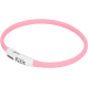 Un collier pour animal de compagnie rose avec une unité de contrôle blanche comportant un interrupteur marche/arrêt et des symboles de sécurité, conçu pour la visibilité.