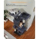 Grauer Katzenbaum mit zwei Katzen, Plüsch-Baumwollfüllung und 34 cm großen Plattformen, beschriftet mit „Double Comfort“.