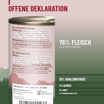Etikett einer Hundenassfutterdose mit 'OFFENE DEKLARATION' und großem '76% FLEISCH', dazu '10% KOHLENHYDRAT, 7% GEMÜSE, 5% OBST'
