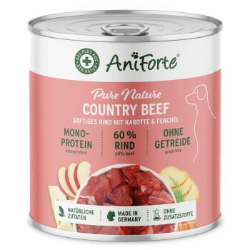 Dose von AniForte PureNature Country Beef Nassfutter für Hunde, mit einer Hundillustration, mit Zutaten wie Rindfleisch, Kartoffeln, Karotten und Zucchini.
