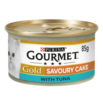 Purina Gourmet Gold Savoury Cake with Tuna cat food can, 85g, featuring a white cat image on the label.