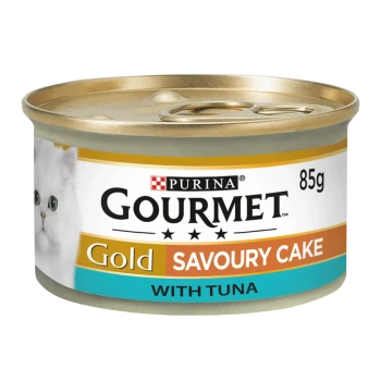 Purina Gourmet Gold Savoury Cake with Tuna cat food can, 85g, featuring a white cat image on the label.