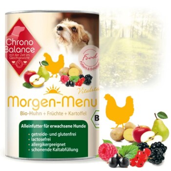 Dosen-Hundefutter mit der Aufschrift 'Morgen-Menu', das Bio-Hühnchen, Früchte und Kartoffeln enthält. Wichtige Details: glutenfrei, laktosefrei, geeignet für Allergien.
