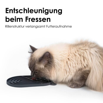 Eine Person hält eine graue Silikon-Trockenschicht unter fließendem Wasser, mit sichtbaren Wassertropfen. Text: "Einfach von Hand oder in der Spülmaschine zu reinigen."
