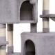 Grauer Katzenbaum mit mehreren Ebenen, Kratzpfosten und gemütlichen Verstecken für Katzen zum Spielen und Ausruhen.
