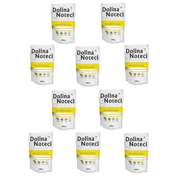 Premium Adult bogata w kurczaka saszetka 10x500 g Dziesięć torebek premium karmy dla zwierząt Dolina Noteci, każda oznaczona "500 g" i z ikonami naturalnych składników oraz korzyści odżywczych.