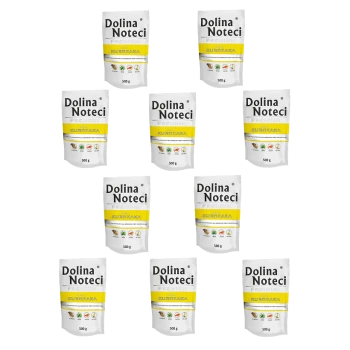 Dziesięć torebek premium karmy dla zwierząt Dolina Noteci, każda oznaczona "500 g" i z ikonami naturalnych składników oraz korzyści odżywczych.