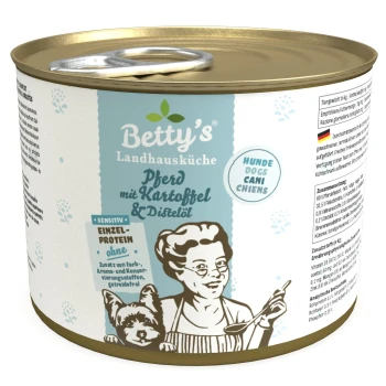 Pferd & Kartoffel & Distelöl 6x200 g Dosenfutter für Hunde "Betty's Landhausküche Pferd mit Kartoffel & Distelöl", mit einer Hundegrafik, gekennzeichnet als Einzelprotein und sensitiv.