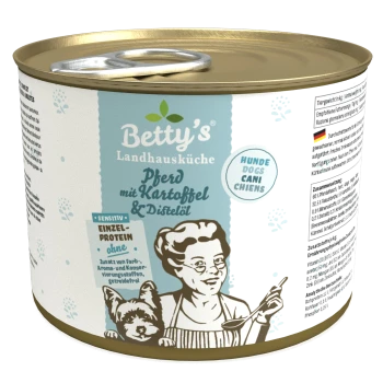 Dosenfutter für Hunde "Betty's Landhausküche Pferd mit Kartoffel & Distelöl", mit einer Hundegrafik, gekennzeichnet als Einzelprotein und sensitiv.