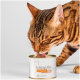Braun-getigerte Katze leckt Nassfutter aus einer geöffneten Dose mit der Aufschrift 'feinstes Katzenfutter 95% Fleischanteil Ente Lucky-Kitty'.