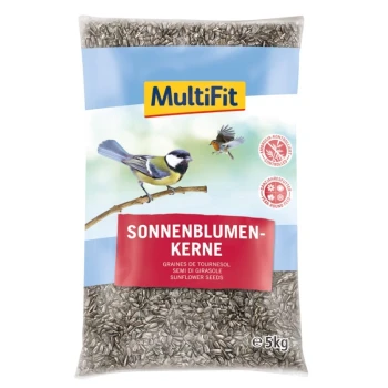 5 kg Sack MultiFit Sonnenblumenkerne für Vögel, mit blauem Hintergrund, zwei Vögeln auf einem Ast und dem Text "SONNENBLUMEN-KERNE".