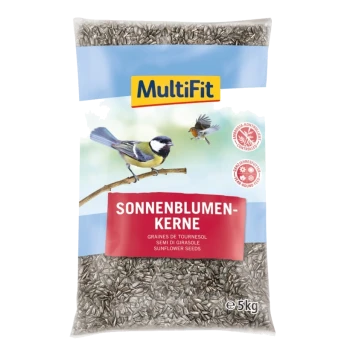 5 kg Sack MultiFit Sonnenblumenkerne für Vögel, mit blauem Hintergrund, zwei Vögeln auf einem Ast und dem Text "SONNENBLUMEN-KERNE".