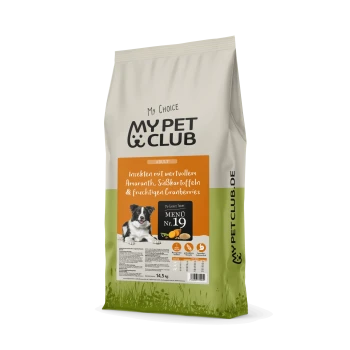 Hundefutterbeutel mit der Aufschrift "My Pet Club", der Insektenprotein, Amaranth, Süßkartoffeln und Cranberries enthält, mit einem schwarzen und orangefarbenen Design.