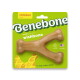 A rubber dog chew toy shaped like a bone, featuring a textured surface and a light brown color with speckles.