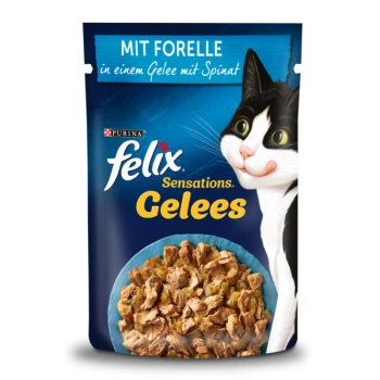 Verpackung von Katzenfutter mit Felix Sensationen in Gelee mit Forelle und Spinat, neben einem Bild einer verspielten schwarz-weißen Katze.