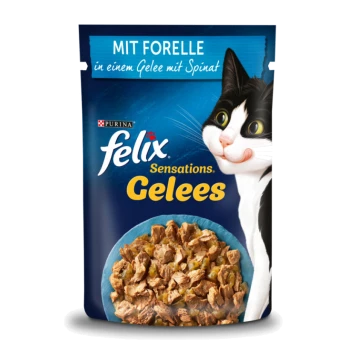 Verpackung von Katzenfutter mit Felix Sensationen in Gelee mit Forelle und Spinat, neben einem Bild einer verspielten schwarz-weißen Katze.