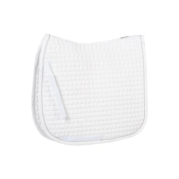 Weißes, gestepptes Sattelpad mit strukturierter Oberfläche und verstellbaren Riemen, entworfen für den Reitsport.