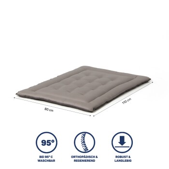 Graues Haustierbett mit gepolstertem Design, misst 110 cm mal 80 cm, mit Symbolen für waschbar bei 95 °C, orthopädisch und langlebig.