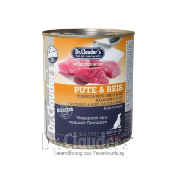 Dosen-Hundefutter von Dr. Clauder's mit Truthahn und Reis, beschriftet mit "PUTE & REIS," mit einem präbiotischen Anspruch für optimale Darmgesundheit.