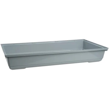 A large, rectangular gray plastic pet litter box with raised edges, designed for easy cleaning and containment.