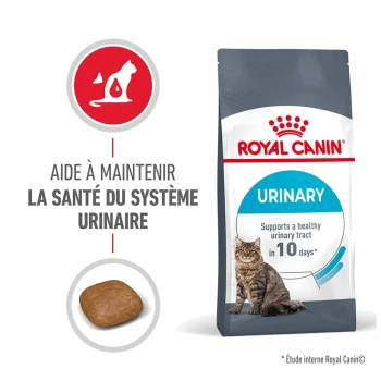 Sac de nourriture pour chat Royal Canin Urinary, présentant une image de chat, affirmant soutenir la santé urinaire en 10 jours, avec un morceau de croquette montré.