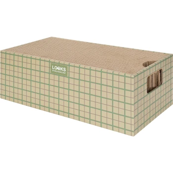 Papp-Katzenkratzbox mit einem Gittermuster, mit einem ausgeschnittenen Griff und dem Text "LOOKS BY WOLFGANG JOOP."