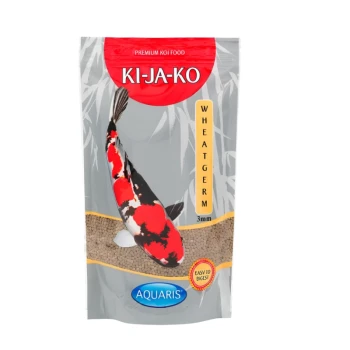 Premium Koi-Futterverpackung mit einem bunten Koi-Fisch, gekennzeichnet mit "KI-JA-KO WHEATGERM 3mm," mit "EASY TO DIGEST" hervorgehoben.